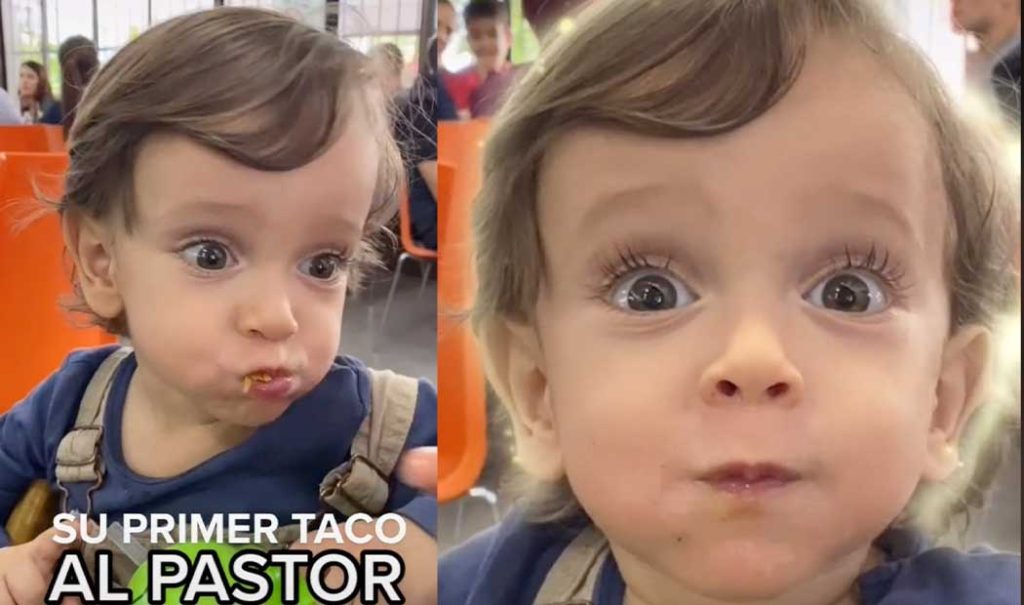 Reacción del bebé que come su primer taco al pastor se vuelve viral