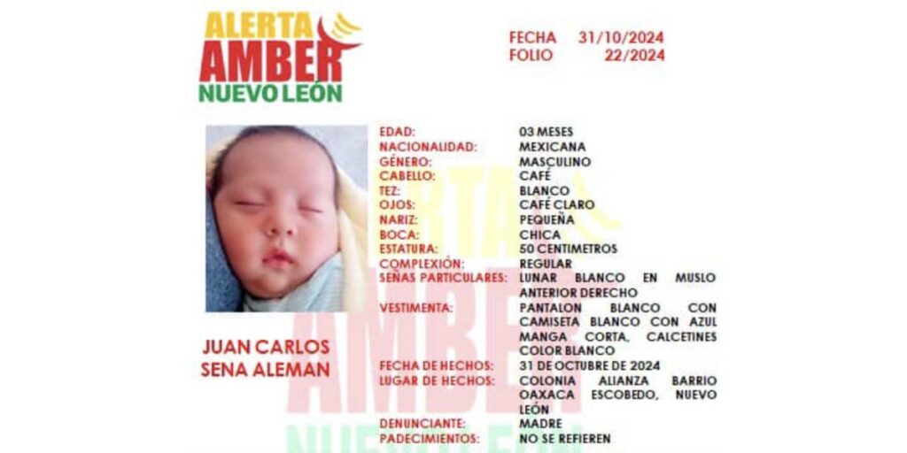 Alerta Amber Nacional por bebé robado en Nuevo León